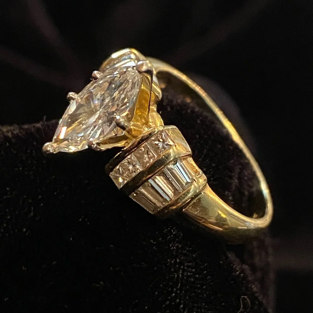 Genuine diamond wedding ring, 1ct marquee, princess & baguettes 14KT gold 1.87ct - Picture 4 of 9